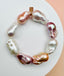 Extra Large 30-35mm Natural and White Baroque Freshwater Pearl Stretch Bracelet with a Vermeil Diamond Dog Tag
