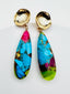 Faceted Copper Multicolor Turquoise Teardrop Earrings on Gold Fill Lily Pad Post, 1.75"