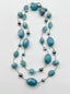 36" Aquamarine, Blue Quartz, Pyrite and Light Blue Freshwater Pearl Necklace with a Rhodium Plated Sterling Silver Clasp
