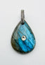 Labradorite Teardrop Shaped Cabochon Sterling Silver Pendant with Raw Diamond Center