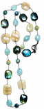 33" Mystic Flat Labradorite, Trolleite Coin, AAA Hand Cut Oval Aquamarine, and Mystic Large Flat Agate Necklace