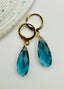 Faceted London Blue Quartz Teardrop Huggie Leverback Gold Faceted 1.75"