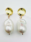 XL White Freshwater Baroque Pearl Earrings on Hammered Gold Fill Post, 1.75"
