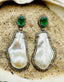 Emerald and White Baroque and Diamond Sterling Silver Earrings with 14K Posts, 2"