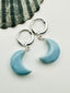 Sterling Silver Huggie Leverback Earring with Blue Opal Crescent Moon Shaped Dangle Drop 1.75"