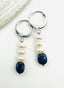 Sterling Silver Huggie with Blue Sapphire Freshwater Pearl Dangle Drop 1.75"