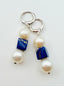 Cube Lapis and Double Freshwater Pearl Earring on Sterling Silver Huggie, 1.75"
