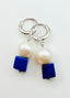Cube Lapis and Freshwater Pearl Earring on Sterling Silver Huggie, 1.25"