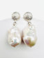 Freshwater White Baroque Pearl Earring on Sterling Silver Hammered Post