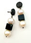 Black Onyx Cube Earring with Freshwater Pearl on Sterling Silver Black Spinel Post, 1.5"