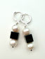 Black Onyx Cube Earring with 2 Freshwater Pearls on Sterling Silver Huggie, 1.75"