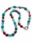 18" Flat Faceted Oval Ruby in Kyanite, Red Garnet, London Blue Topaz, and Blue Quartz Necklace with Two Tone Diamond Clasp