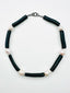 18" Large Black Coral Tube Necklace with Medium White Baroque Pearls and Sterling Silver Clasp