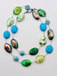 34" Large Oval Turquoise, Lemon Chrysoprase, Puffy Abalone, and Faceted Coin Aquamarine Mix Necklace