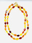 36" Flat Multicolor Amber Nugget and Faceted Golden Quartz Ball with Vermeil Clasp