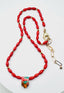 17" Coral Necklace with Gold Pyrite and Oyster/Turquoise Pentagon Shaped Briolette and Gold Fill Clasp