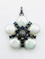 White Freshwater Coin Pearl Blue Sapphire and Diamond Flower Shaped Sterling Silver Pendant