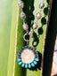 Blue Sapphire and Sleeping Beauty Turquoise Pendant with Freshwater Pearl and Diamonds